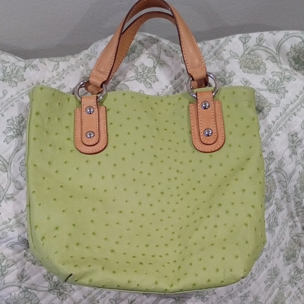 Maurizio Taiuti Green Ostrich Small Leather Tote Bag with Tan Leather Handles